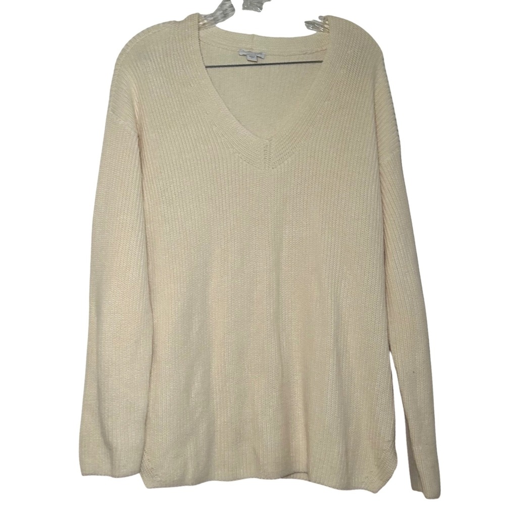 J. Jill Women Cream V-Neck Shaker Stitch Cotton Blend Pullover Sweater Large